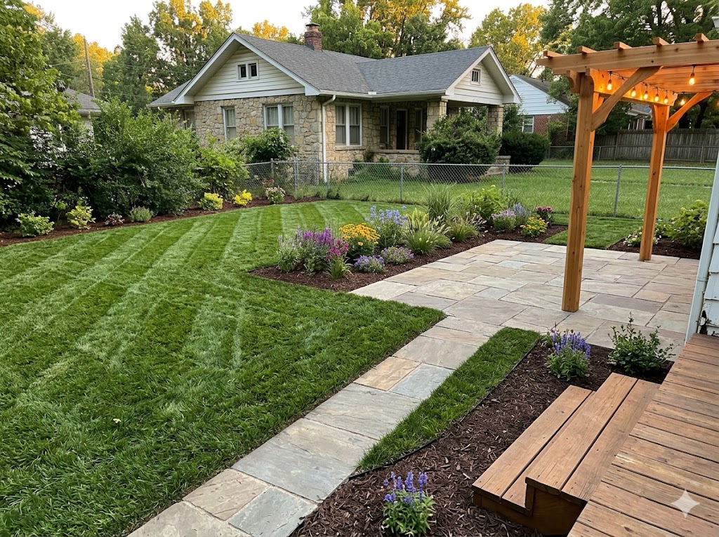 After — beautifully transformed yard with patio and manicured lawn